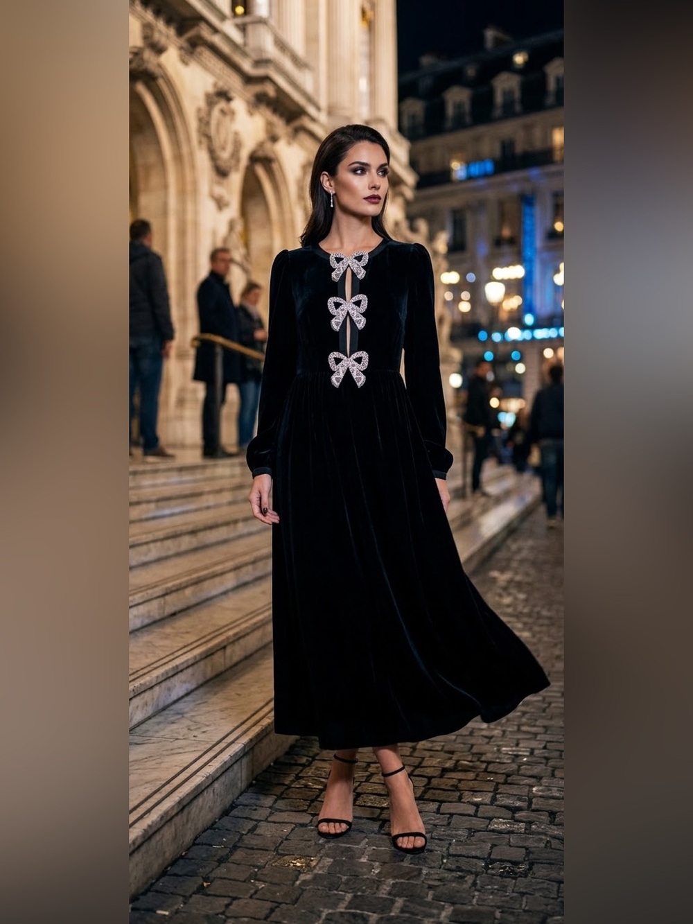 SALONI Camille Velvet Midi Dress Black Crystal Embellished Bow Long Sleeve XS